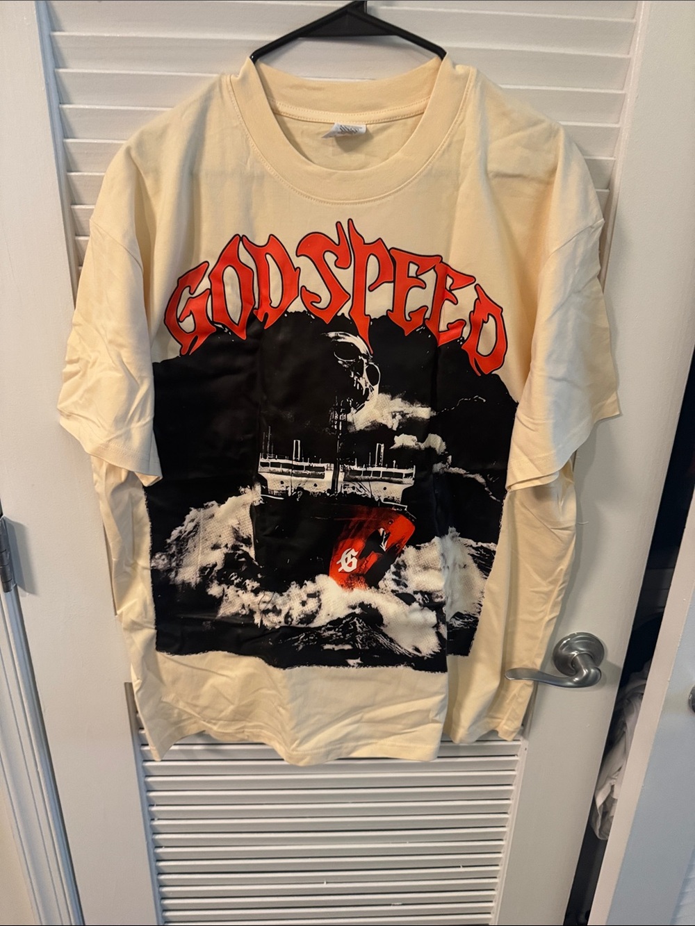 New!  'Godspeed' Graphic Crewneck Tee in Cream with Red & Black Print